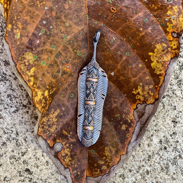 Silver & Gold Feather Pendant ∆ Unique Bird Feather Necklace ∆ 925 Sterling Silver 20K Gold Talisman Jewelry / HUAYRURO