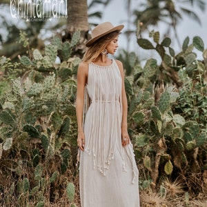 Zomer Boho Jurk ∆ Festivalkleding Dames Maxi Jurk ∆ Strand Trouwjurken ∆ Ruwe Katoenen Cottagecore Jurk ∆ Touw Godin Jurk/ Off white