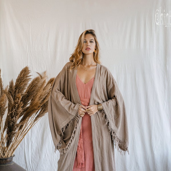 Wide Sleeves Kimono Robe ∆ Boho Wedding Guest Raw Cotton Fringe Cardigan ∆ Bohemian Outfit Goddess Dress ∆ Beach Lounge Wear Cover / Coffee