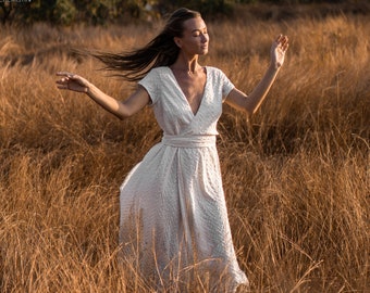 White Organic Wrap Dress ∆ Maxi Dress Short Sleeve ∆ Boho Clothing Women ∆ Bohemian Wedding Dress ∆ Ceremony Embroidered Dress / Off White