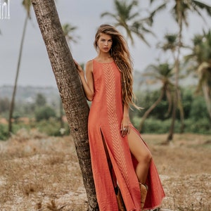 Organic Cotton Maxi Dress ∆ Boho Clothes Women Tank Dresses ∆ Eco Clothing Sun Goa Goddess Summer Dress ∆ Sexy High Slit Dress / Coral Rose