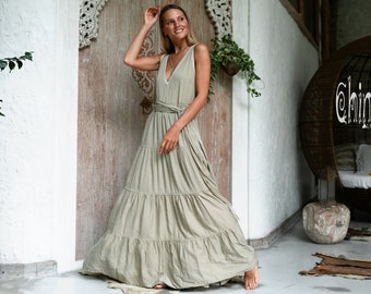 Sage Green Boho Dress ∆ Women Ball Gown Goddess Dress ∆ Bamboo Bohemian Clothing ∆ Tiered Maxi Dress ∆ Wedding Guest Dress ∆ Prom Dress Long