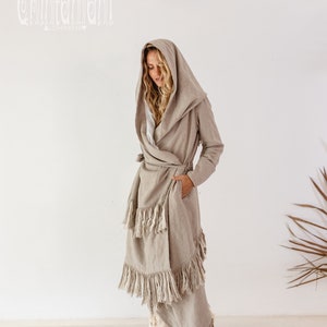 Linen & Silk Hooded Coat Women ∆ Festival Man Clothing ∆ Women Boho Robe Overcoat ∆ Linen Fringe Oversized Cardigan ∆ Hood Cape Wrap / Gray