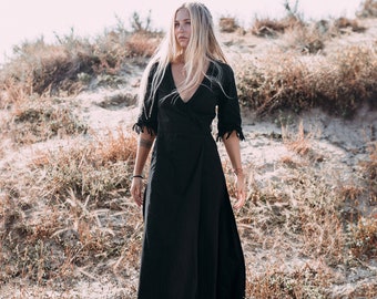 Boho Maxi Wrap Dress ∆ Bohemian Organic Cotton Dress ∆ 3/4 Sleeves Fringe Dress ∆ Elegant Raw Goddess Dress ∆ Natural Clothing Gown / Black