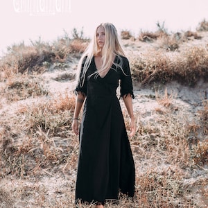 Boho Maxi Wrap Dress ∆ Bohemian Organic Cotton Dress ∆ 3/4 Sleeves Fringe Dress ∆ Elegant Raw Goddess Dress ∆ Natural Clothing Gown / Black