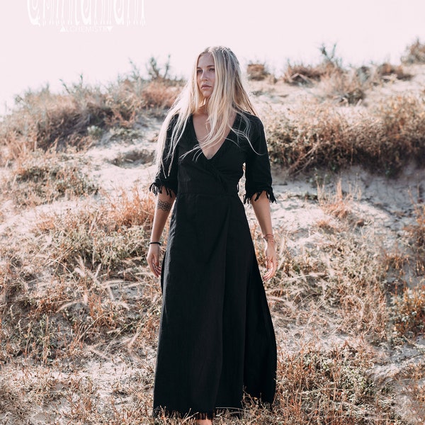 Boho Maxi Wrap Dress ∆ Bohemian Organic Cotton Dress ∆ 3/4 Sleeves Fringe Dress ∆ Elegant Raw Goddess Dress ∆ Natural Clothing Gown / Black