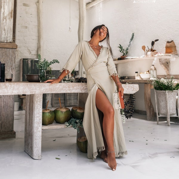 Long Boho Wrap Dress Women ∆ Boho Clothing Maxi Dress ∆ Organic Bohemian Dress ∆ Fringe Raw Cotton Dress Gown ∆ Summer Goddess Dress / Sage