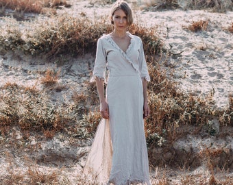 Gypsy Kimono Wrap Dress ∆ Organic Cotton Maxi Dress ∆ Eco Natural Bohemian Dress Women ∆ Boho Wedding Dress ∆ Fringe 1/2 Sleeve Dress / Grey