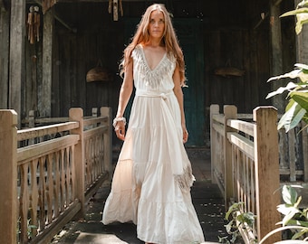 Robe longue bohème blanche Robe de déesse en coton pour femme Robe à volants à franges Robe de bal ∆ Robe de mariée bohème ∆ Robe débardeur dos ouvert