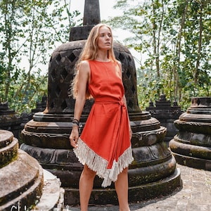 Red Summer Dress ∆ Boho Midi Dress Cotton Clothing Women Organic Dress ∆ Fringe Fairy Dress ∆ Backless Asymmetrical Tank Dress / Red Ochre