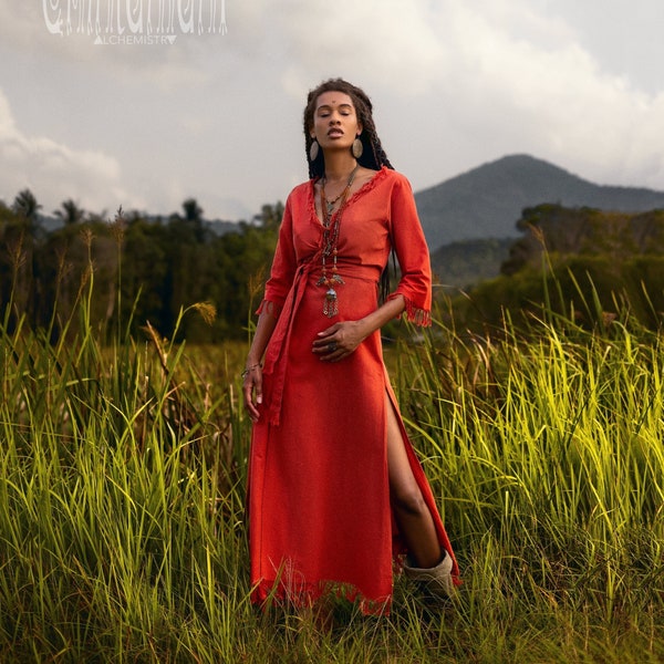 Wrap Boho Maxi Dress ∆ Goddess Dress ∆ Boho Clothing Women ∆ Eco Raw Cotton Princess Dress ∆ Summer Gypsy Fringe Organic Dress / Red Ochre