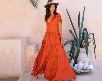 Cotton Shirt Dress ∆ Women Bohemian Clothing Goddess Dress ∆ Button Up Dress ∆ Shirtdress Ball Gown ∆ Short Sleeve Maxi Dress/ Red Ochre