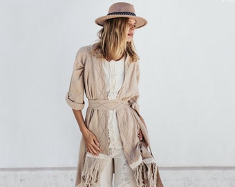 Beige Boho Kimono Cardigan ∆ Long Fringe Wrap Cardigan Robe for Women ∆ Playa Man Bohemian Mantle ∆ Raw Cotton Nomad Coat  / Aroha Tino