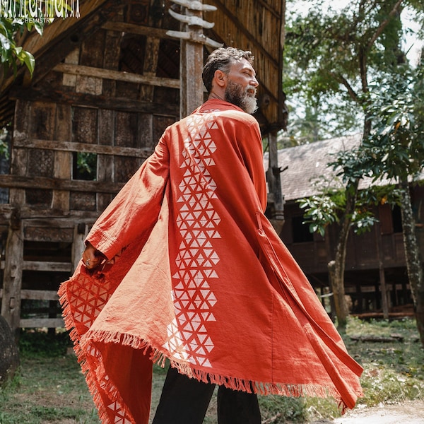 Kaftan Robe ∆ Mens Cloak Wrap Coat ∆ Raw Cotton Kimono Boho Cardigan Heren Cape ∆ Nomad Tribal Clothing Poncho Coat ∆ Festival Robe / Red Oker