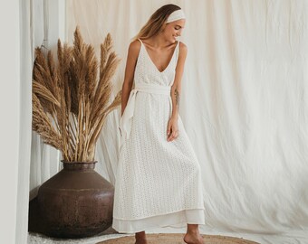 White Boho Dress ∆ Summer Organic Cotton Clothing Double Layer Maxi Dress ∆ Simple Modest Wedding Dress ∆ Goddess Gown / Off White