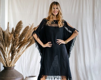Black Boho Dress ∆ Bohemian Poncho Top ∆ Womens Festival Clothing Ceremony Dress ∆ Summer Kaftan Tunic Dress ∆ Oversized Loose Gown / Black