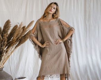 Boho Poncho Beach Dress ∆ Women Hippie Festival Outfit Priestess Dress ∆ Summer Tunic Coverup ∆ Lounge Wear Patio Gown / Coffee