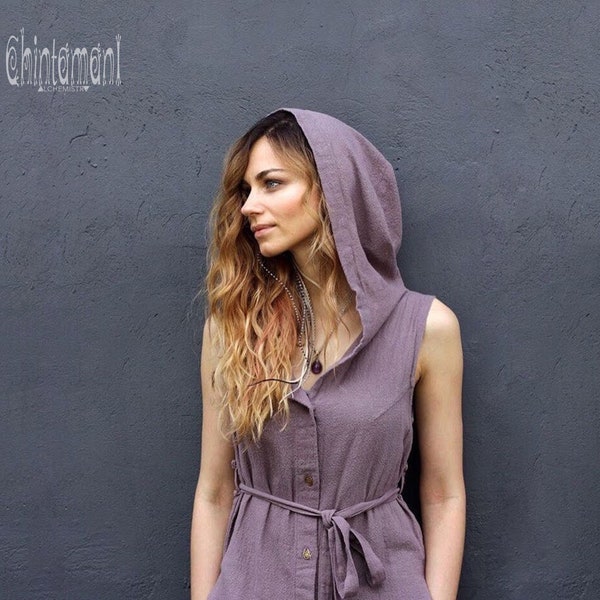 Raw Cotton Hooded Boho Tunic Dress ∆ Women Hippie Goa Festival Hood ∆ Vegan Organic Clothing ∆ Long Hooded Vest Tunic / Chakruna / Lilac