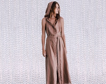 Dusty Rose Hooded Linen Dress ∆ Pink Boho Maxi Dress ∆ Casual Button Front Vest Dress ∆ Womens Bohemian Gown ∆ Belted Goddess Dress