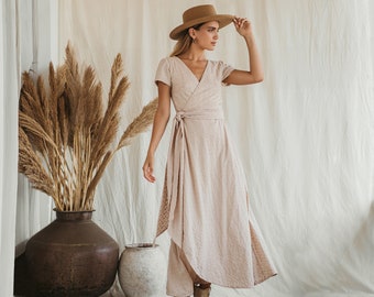 Summer Wrap Boho Dress ∆ Women Goddess Dress ∆ Organic Cotton Clothing ∆ Renaissance Cottagecore Dress ∆ Flower Girl Dress Ivory / Beige