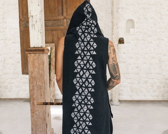 Black Boho Vest ∆ Mens Hooded Shirt ∆ Cyberpunk Boho Clothing Men ∆ Raw Cotton Tank Top ∆ Sleeveless Big Hood Vest ∆ Nomad Clothes / Black