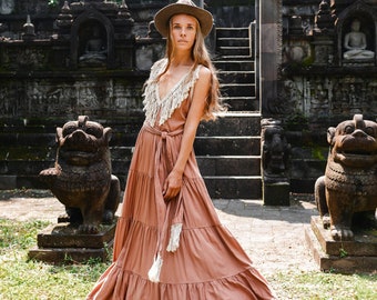 Cotton Maxi Dress ∆ Boho Clothing Women Goddess Dress ∆ Prairie Tiered Dress ∆ Ball Gown Fringe Open Back Sleeveless Tank Dress / Dusty Pink