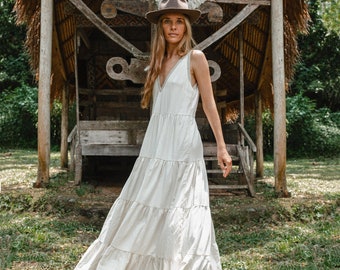 White Boho Dress ∆ Women Ball Gown ∆ Cotton Clothing Eco Goddess Dress ∆ Tiered Maxi Dress ∆ Boho Simple Wedding Dress with Belt / Off White