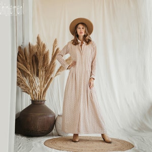 Organic Cotton Maxi Shirt Dress Full Sleeve ∆ Long Ethereal Victorian Romantic Dress ∆ Kaftan Dressing Gown ∆ Cardigan Button Dress / Beige