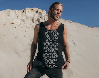 Man Tank Top ∆ Black Cotton Geometric Screen Print T Shirt ∆ Goa Ibiza Male Top ∆ Nomadic Gypsy Hippie Man Clothing ∆ Men Yoga Tank / Black