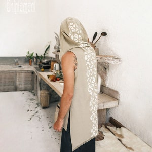 Herenshirt met capuchon en geometrische print ∆ Lang bohovest bohokleding heren ∆ Nomad-tanktop van ruw katoen ∆ Mouwloos vest met grote capuchon / salie