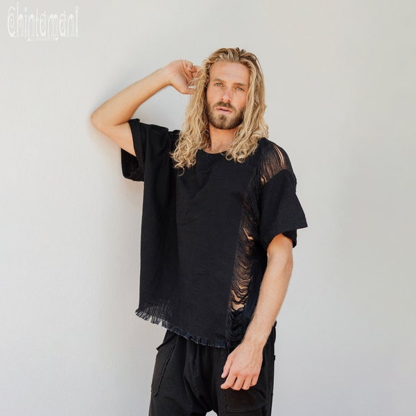 Mens Black Tshirt ∆ Organic Cotton Clothing ∆ Festival Mens Boho Shirt ∆ Man Tee ∆ Organic Top Ripped T Shirt ∆ Cyberpunk Steampunk Clothes