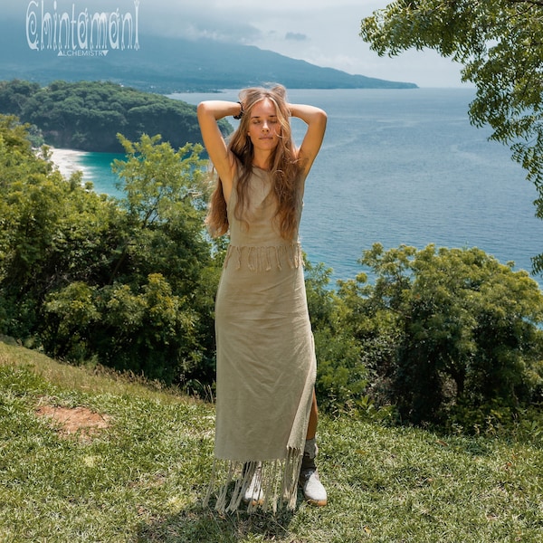 Summer Boho Dress ∆ Women Bohemian Dresses ∆ Organic Clothing Raw Cotton Fringe Maxi Dress ∆ Goddess Dress Eco Slit Tank Dress / Sage Green