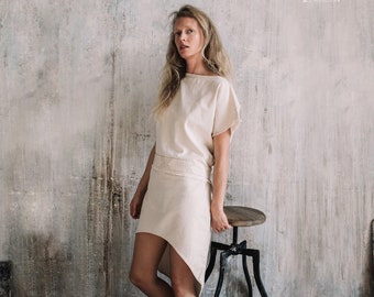 Off White Boho Dress ∆ Raw Cotton Mini Dress ∆ Asymmetrical Organic Dress ∆ Women Nomadic Ibiza Clothing ∆ Natural Midi Dresses / Atua Tino