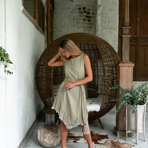 Sage Green Boho Dress Women Bohemian Dresses Bamboo Fringe | Etsy