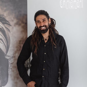 Black Linen Shirt Men Boho Fringe Organic Blouse Men Linen Top Tribal