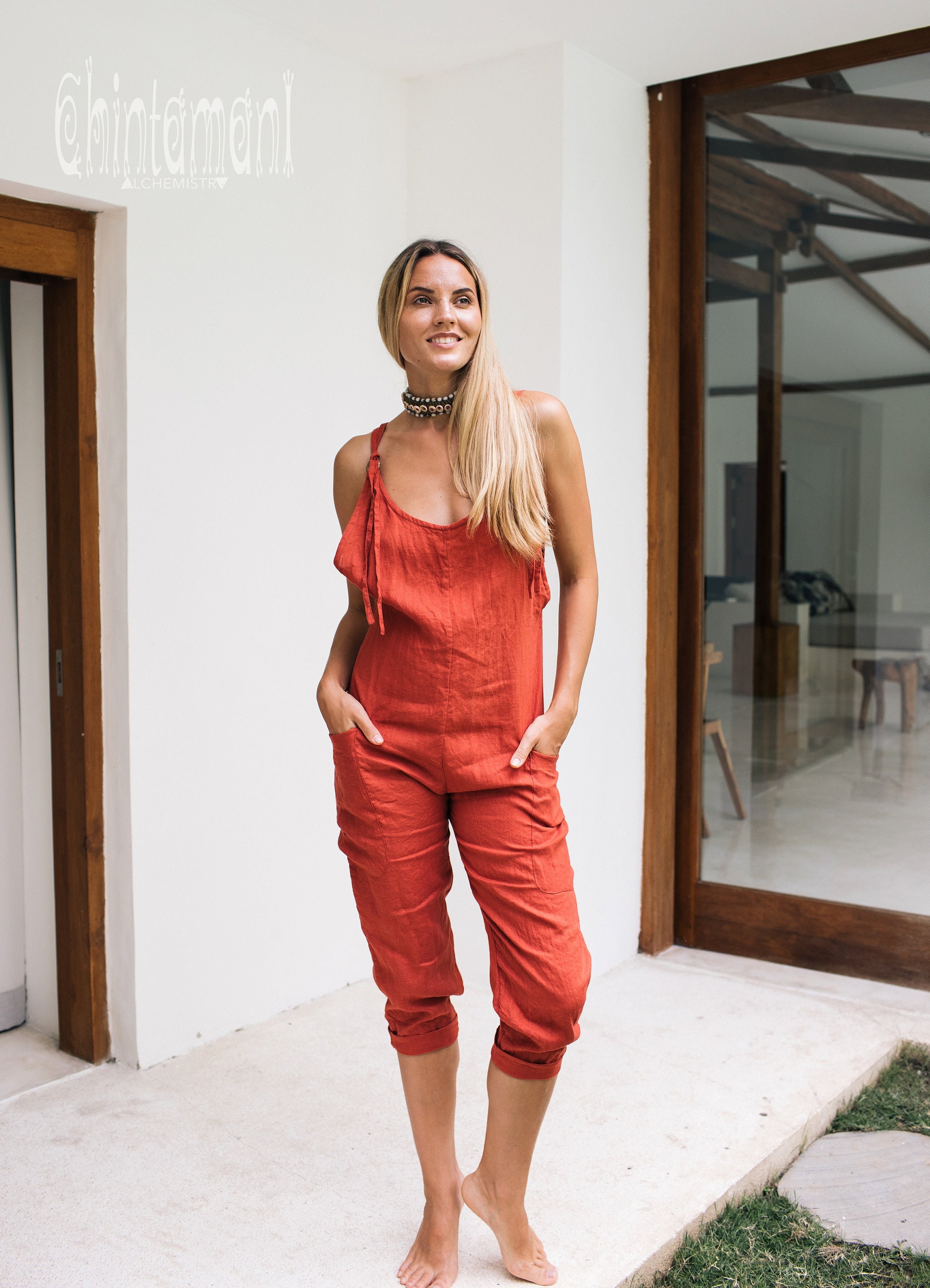 Red Linen Jumpsuit 3/4 Women Overalls Medium Organic Clothing
