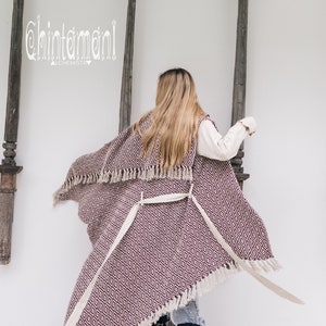 Blanket Coat Women Oversized Boho Cardigan Duster Fringe Jacket Tribal Medieval Clothing Long Cotton Poncho Wrap Overcoat/ Red & White image 9