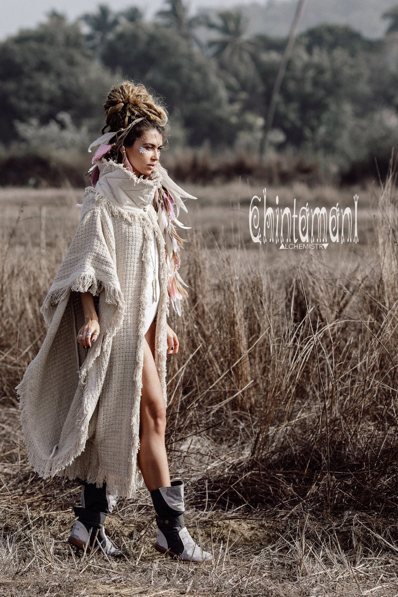 Festival Poncho Coat Women Boho Clothing Kimono Jacket Bohemian Cardigan Robe Desert Man Festival Gown Oversized Wrap Cloak/ Off White image 4