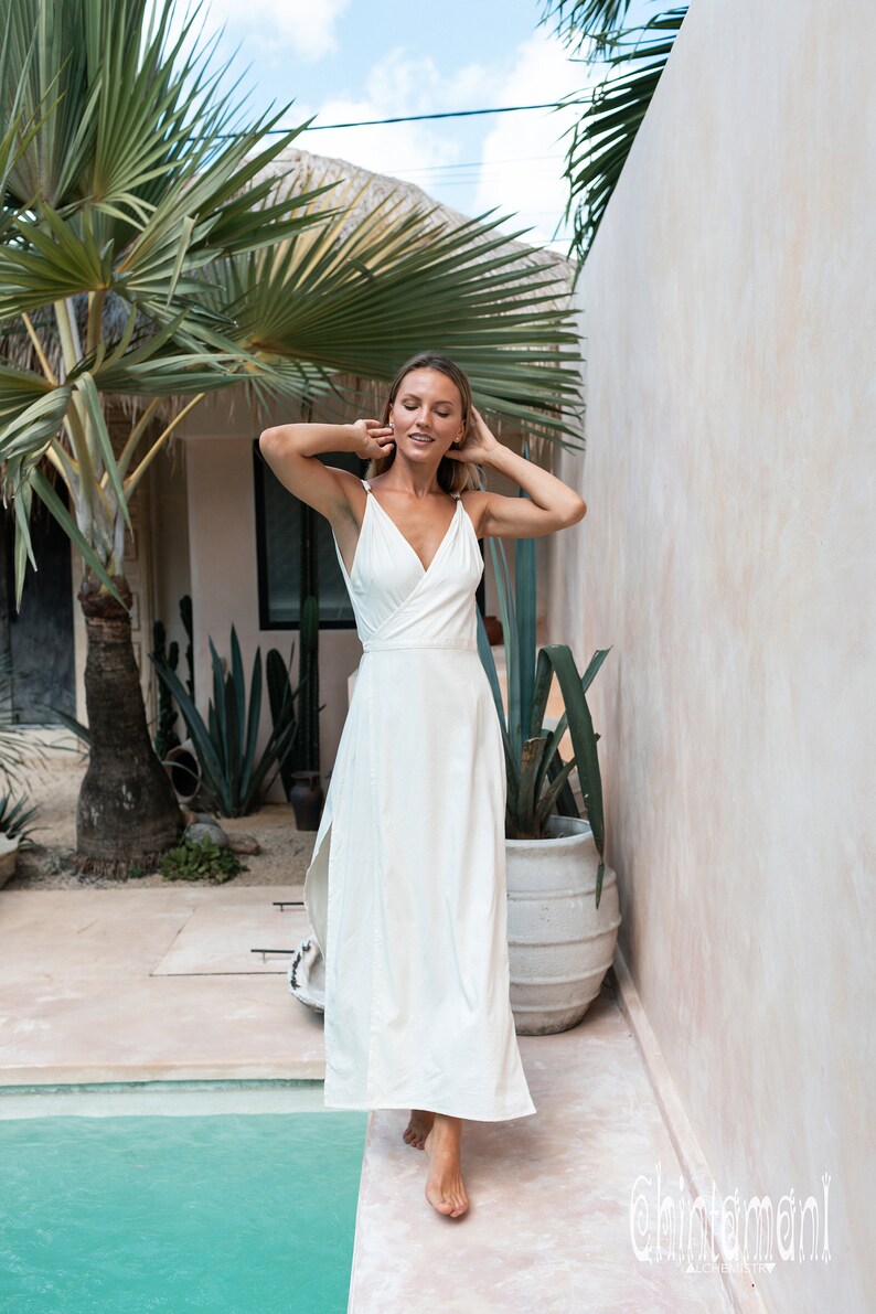 White Wrap Dress Simple Wedding Dress Boho Maxi Dresses Women Summer Gown Goddess Dress Long Slit Cotton Open Back Dress / Off White image 4