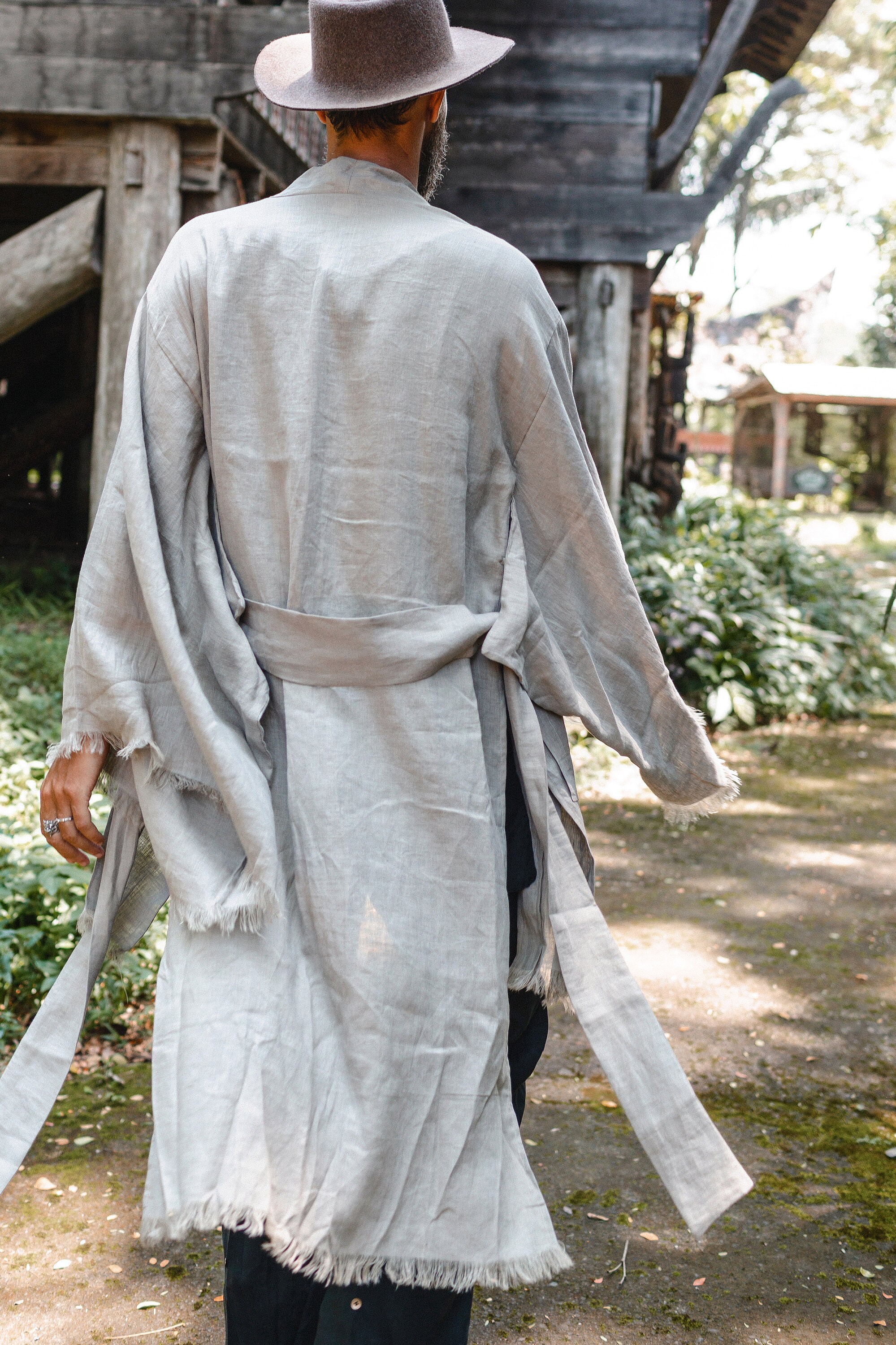 Mens Linen Kimono Cardigan Japanese Kimono Robe Boho Linen Clothing for Man  Bohemian Kimono Wrap Jacket Wide Sleeves Long Kimono 