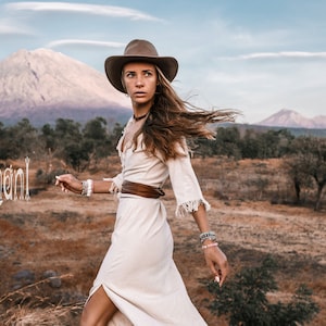 Wrap Boho Dress Women White Maxi Dress 3/4 Sleeve Organic Clothing Wedding Bohemian Dress Long Fringe Raw Cotton Dress /Off White zdjęcie 6