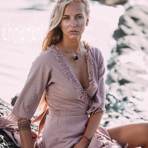 Long Bohemian Dress ∆ Boho Maxi Wrap Dress ∆ Goddess Organic Cotton Fringe Dress ∆ Chintamani Raw Natural Dress ∆ Boho Wedding / Dusty shops Pink