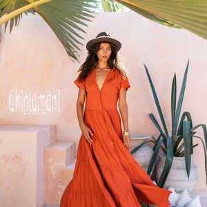 Cotton Shirt Dress Women Bohemian Clothing Goddess Dress Button Up Dress Shirtdress Ball Gown Short Sleeve Maxi Dress/ Red Ochre image 3