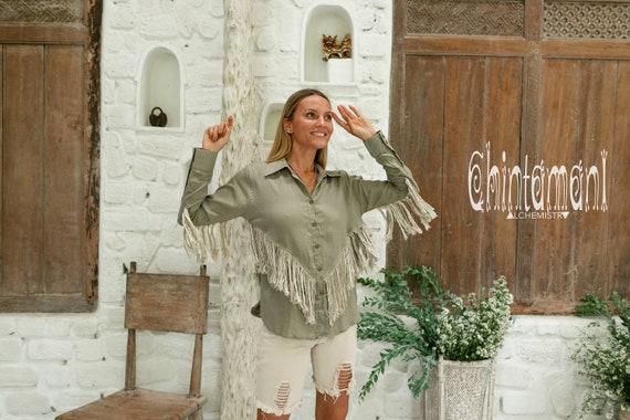 Fringe Boho Shirt Women Linen Blouse 