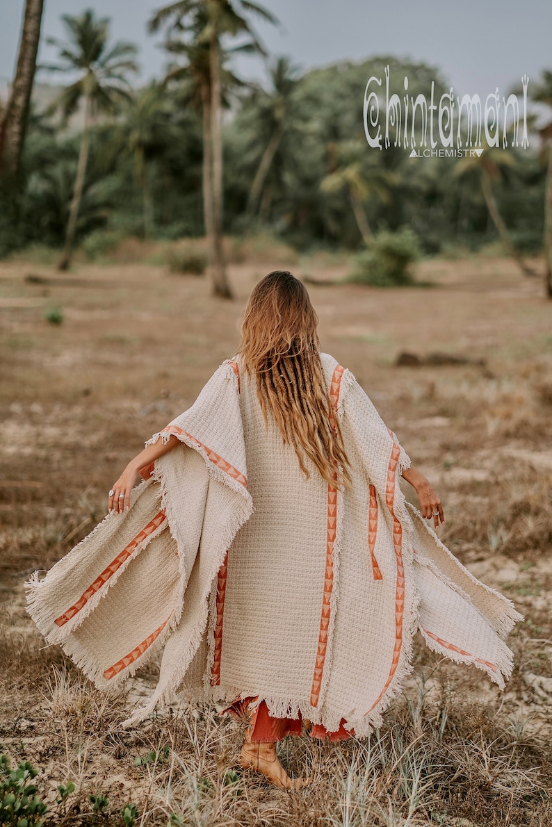 Bohemian Poncho Wrap Coat Boho Man Clothing Women Cardigan Nomad Clothes Festival Outfit Ceremony Cloak Kimono Robe / Off White image 3