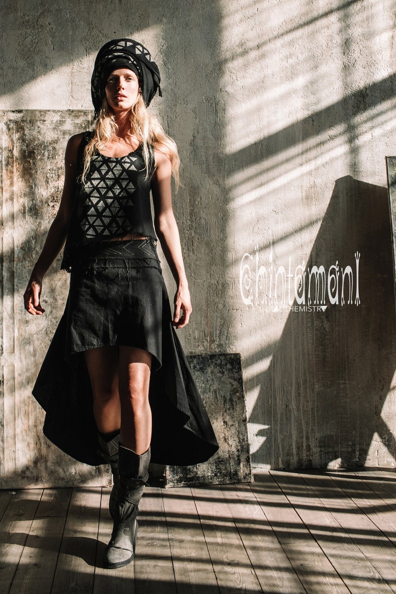 Asymmetrical Black Mini Skirt Raw Cotton Long Back Short Boho Skirt Organic Clothing Women Bohemian Skirt w Tail / Atua Tino / Black zdjęcie 5