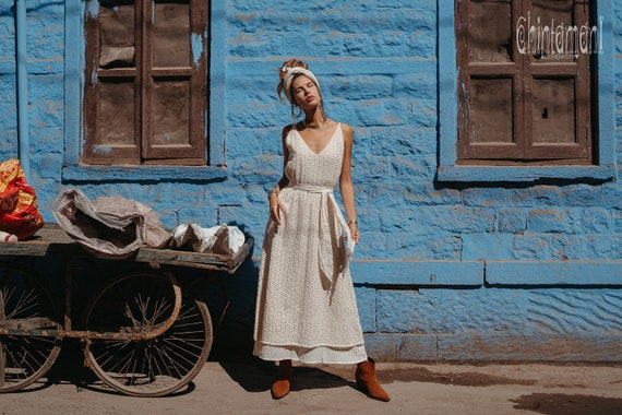 SAANUK Beige Maxi Cotton Dress Pockets | AJJAYA