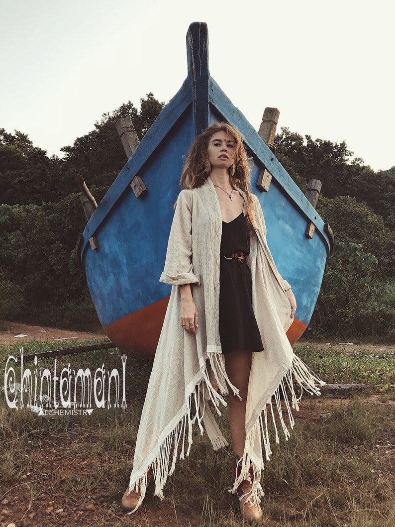 Boho Goddess Kaftan ∆ Raw Cotton Fringe Cardigan Robe ∆ Long Bohemian Kimono Wrap Dress Women ∆ Gypsy Organic Clothing by Chintamani / Beige 