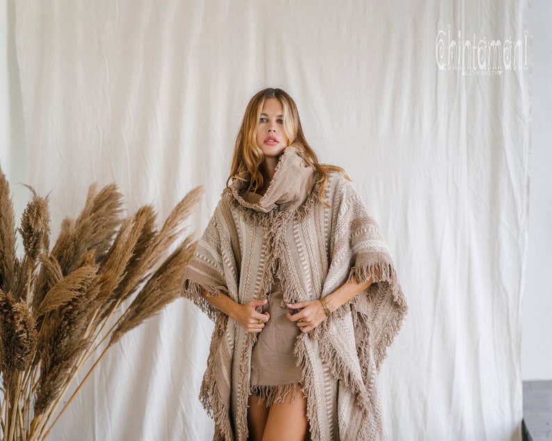 Poncho-Mantel mit Fransen Boho-Damenbekleidung, Kimono-Robe Wüstenmann-Festival-Outfit, Boho-Wickel-Strickjacke Oberteil für Zeremonienkleidung / Kaffeebraun Bild 6