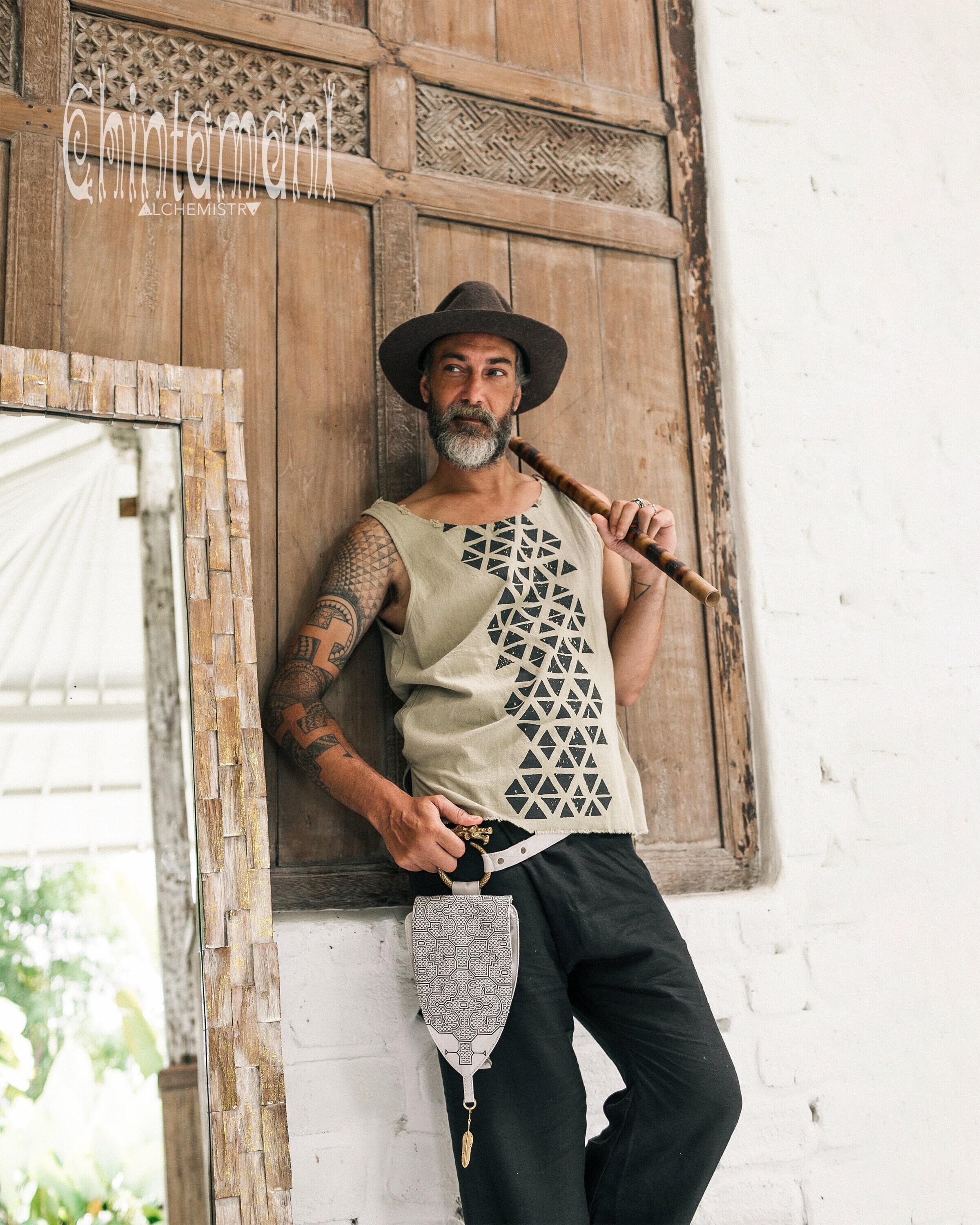 Raw Cotton Tank Top ∆ Boho Clothing Men ∆ Geometric Organic Tshirt ∆  Festival Outfit Goa Gypsy Top ∆ Black Triangle Printed Shirt Sage